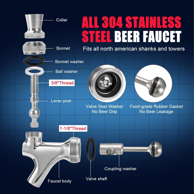 Ferroday Upgraded Beer Faucet, All 304 Stainless Steel Beer Tap Keg Spout Beer Tower Faucet Beer Keg Faucet, Draft Beer Faucet Beer Tap Faucet Kegerator Tap Spout Kegerator Part Replacement Faucet - Image 3